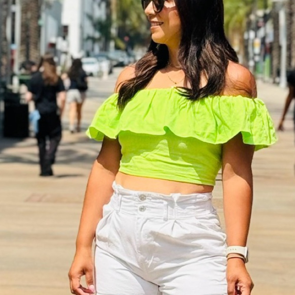 Slim Fit Ruffle Sleeve Off the Shoulder Linen Blouse A New Day Lime Green Small